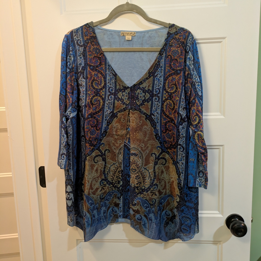 Energe Blue and Brown Paisley Top